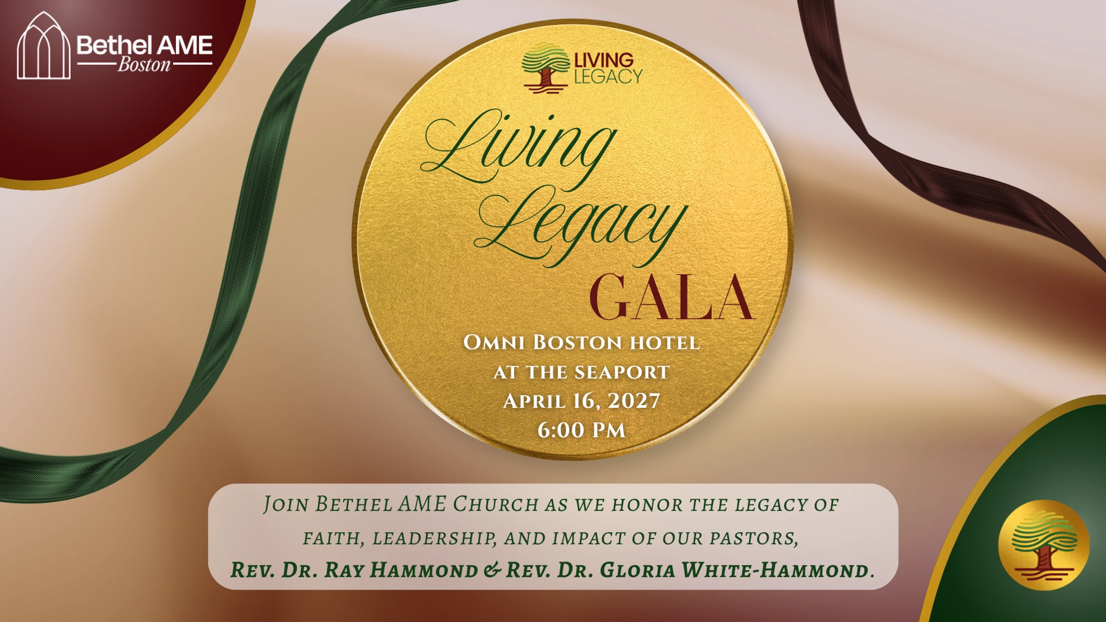 An elegant invitation for Bethel AME Boston's Living Legacy Gala on April 16, 2027, honoring pastors Rev. Dr. Ray Hammond and Rev. Dr. Gloria White-Hammond.