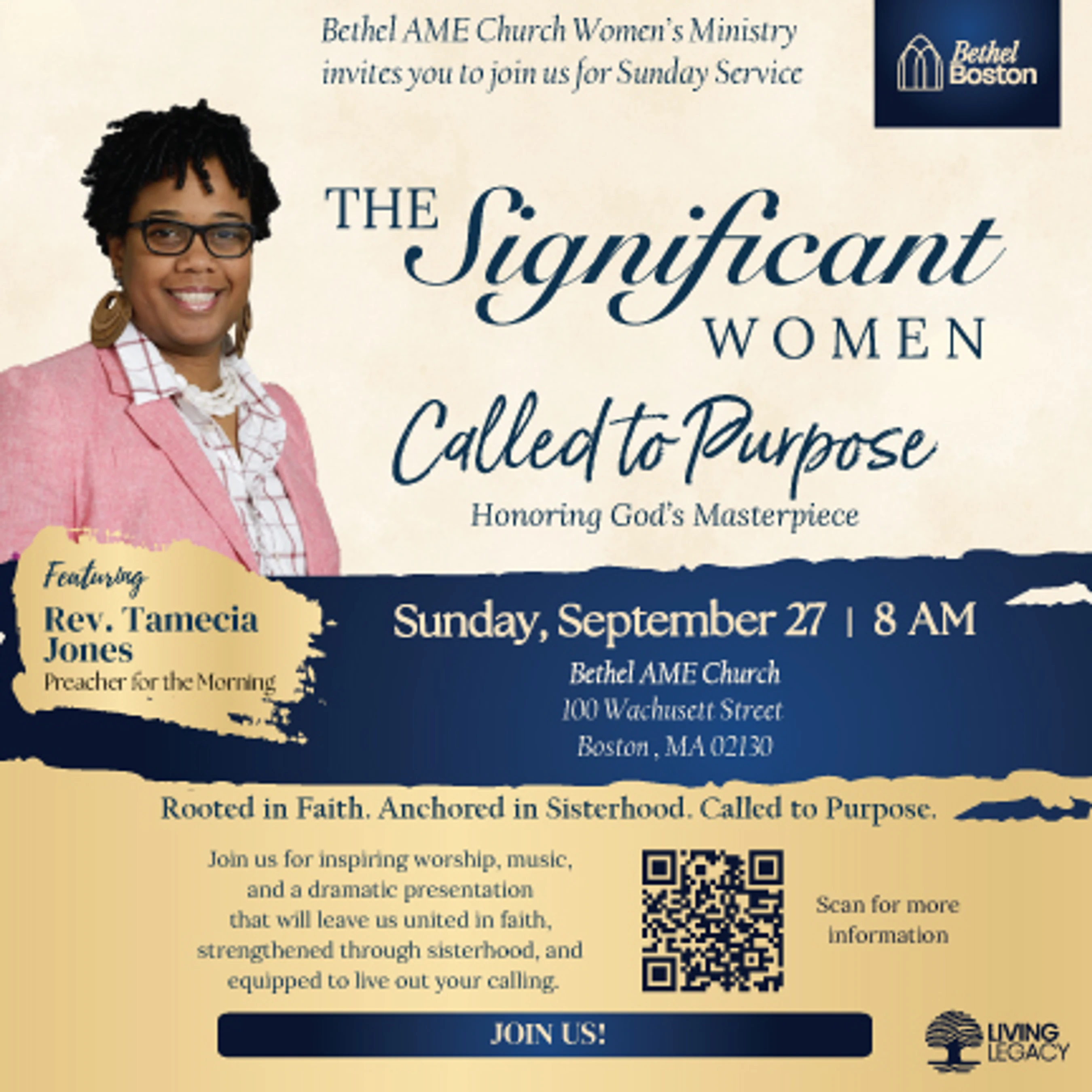 Flyer for 'The Significant Women Called to Purpose' event, featuring Rev. Tamecia Jones. It includes event details for a Sunday service at Bethel AME Church.