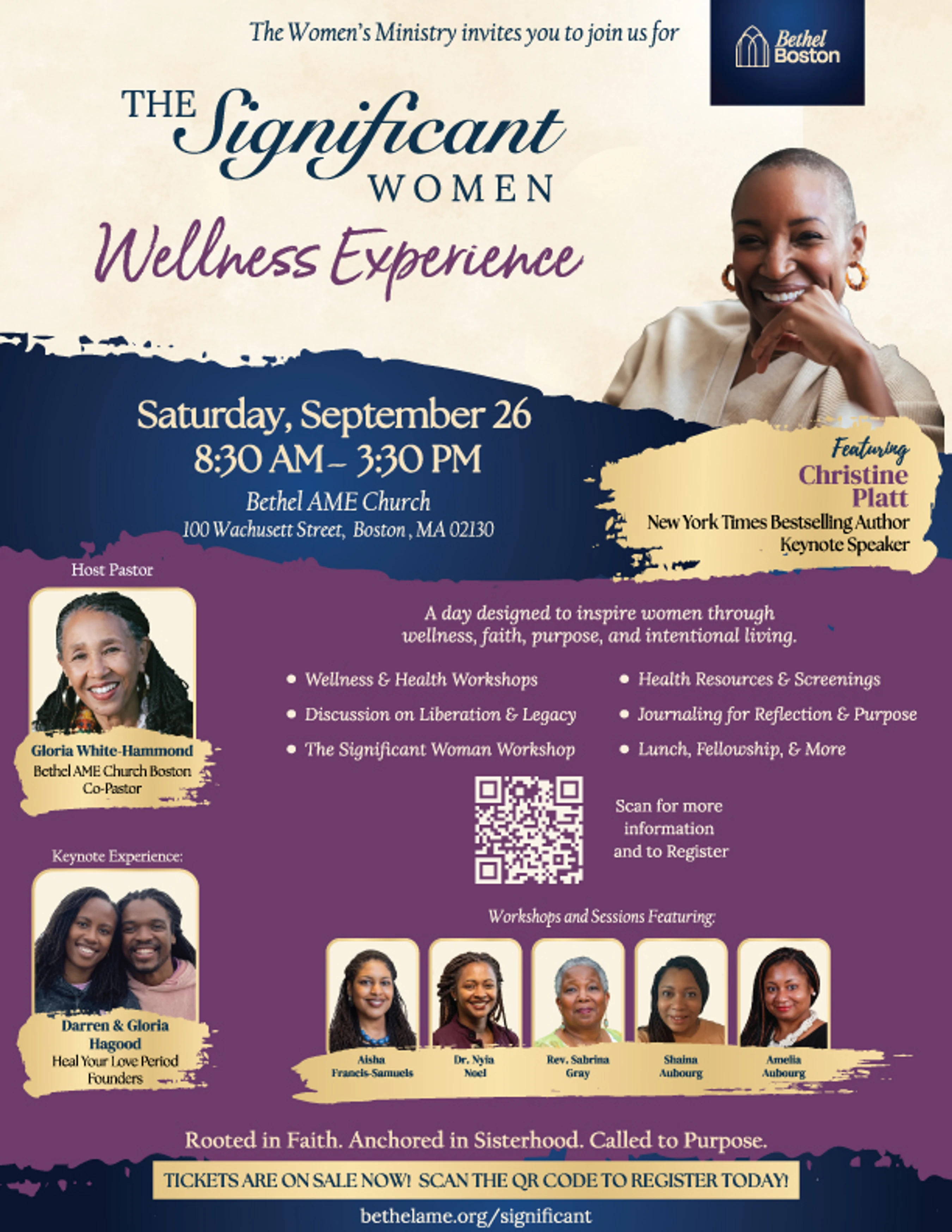 Flyer for The Significant Women Wellness Experience on Saturday, September 26. The flyer is purple and blue and features photos of the various speakers.