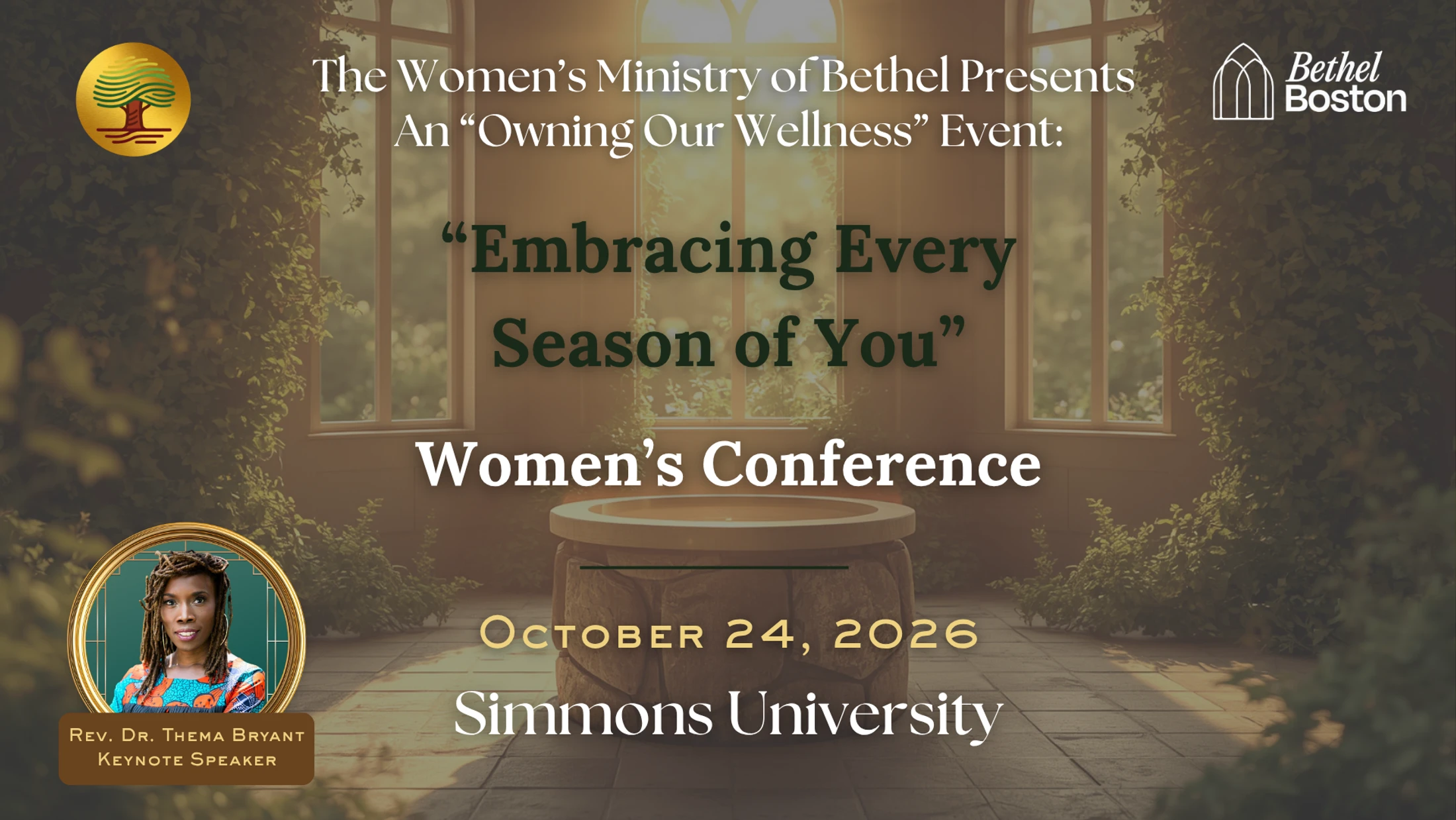 A promotional graphic for the 'Embracing Every Season of You' Women's Conference on Oct 24, 2026, featuring keynote speaker Rev. Dr. Thema Bryant.