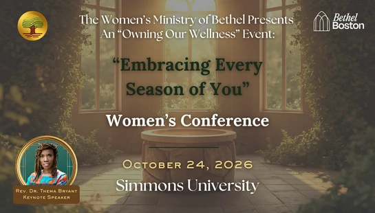 A promotional graphic for the 'Embracing Every Season of You' Women's Conference on Oct 24, 2026, featuring keynote speaker Rev. Dr. Thema Bryant.