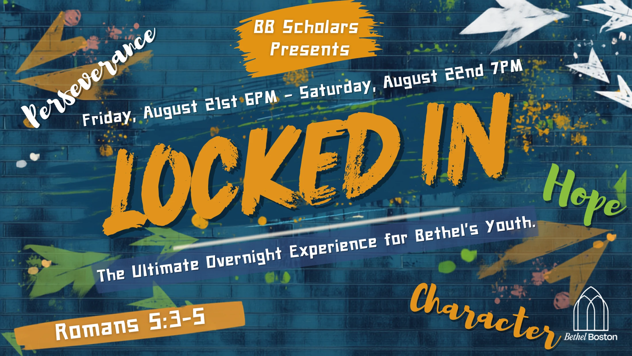 A promotional graphic for a youth event called 'Locked In' on a blue brick background with graffiti-style text and arrows.