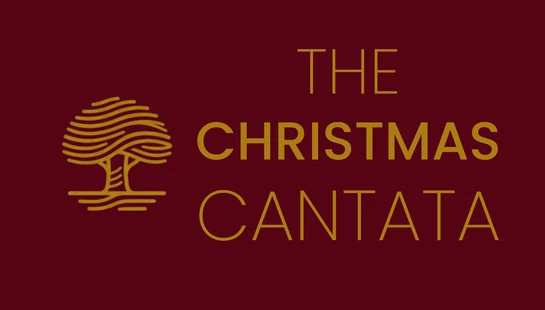 Gold text reading "The Christmas Cantata" next to a stylized, line-art tree logo, all on a dark red background.