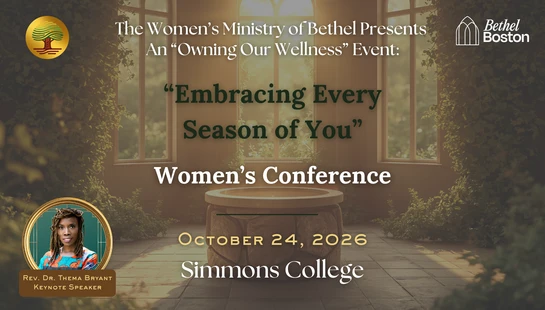 Promotional graphic for the 'Embracing Every Season of You' Women's Conference on October 24, 2026, featuring keynote speaker Rev. Dr. Thema Bryant.