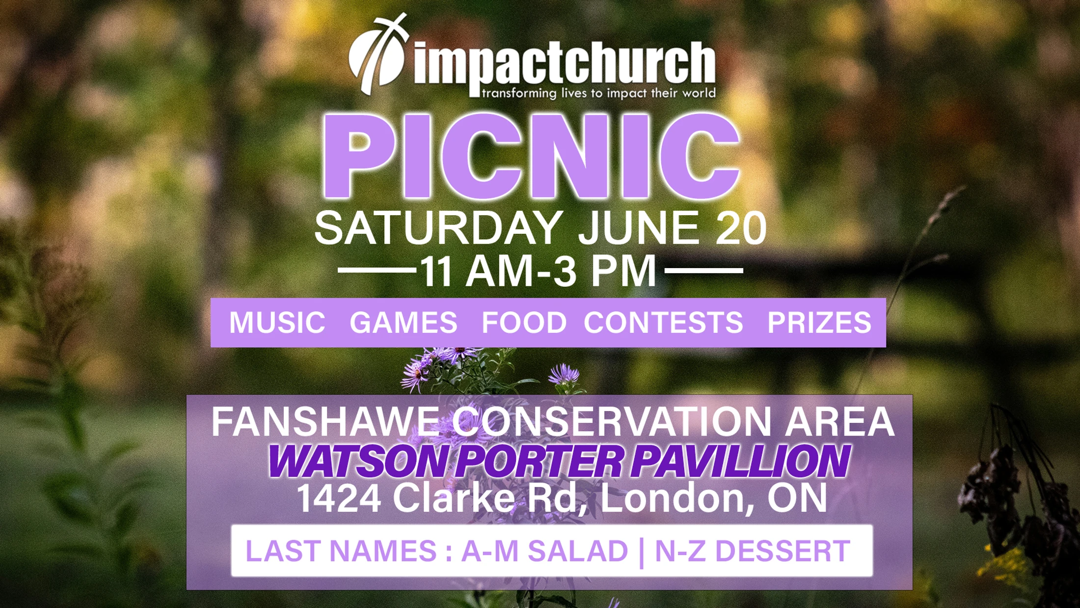 An invitation for the Impact Church Picnic on Saturday, June 20, from 11 AM to 3 PM at Fanshawe Conservation Area, listing activities and potluck details.