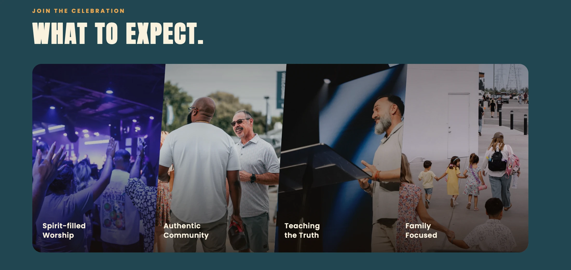 A graphic titled 'What to Expect' shows four images: people worshipping, men talking, a pastor preaching, and a family walking, representing church activities.