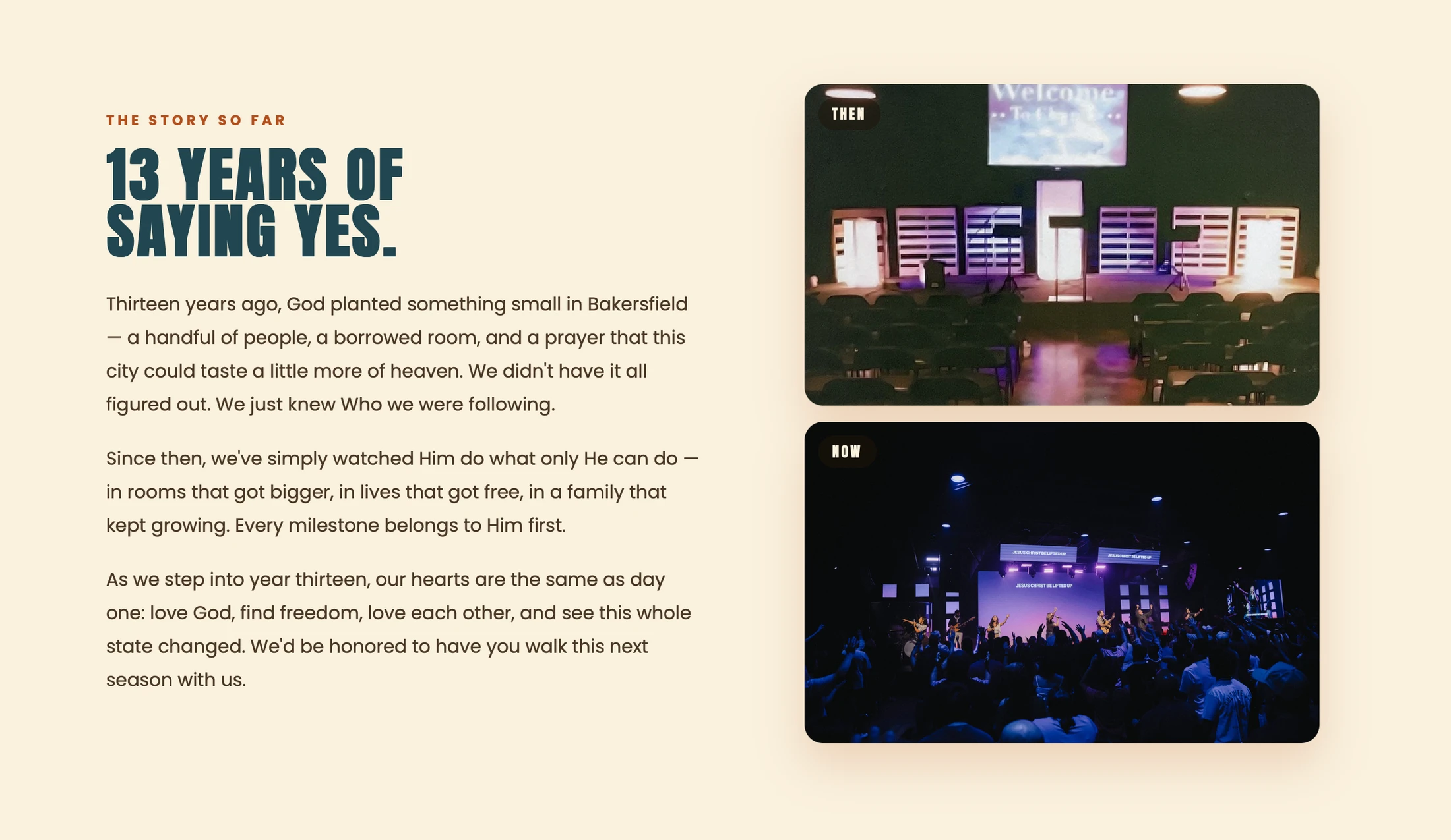 A graphic celebrating a church's 13th anniversary, contrasting a 'Then' photo of a small, empty room with a 'Now' photo of a large, full worship service.