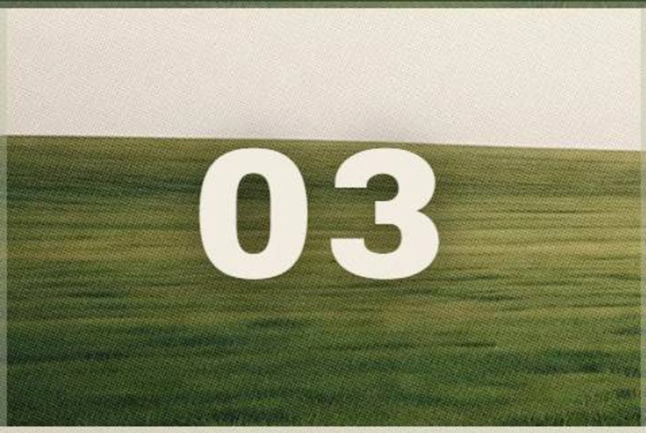 The number 03 in a bold, off-white font is centered over a stylized photo of a vibrant green, rolling hill under a pale sky.