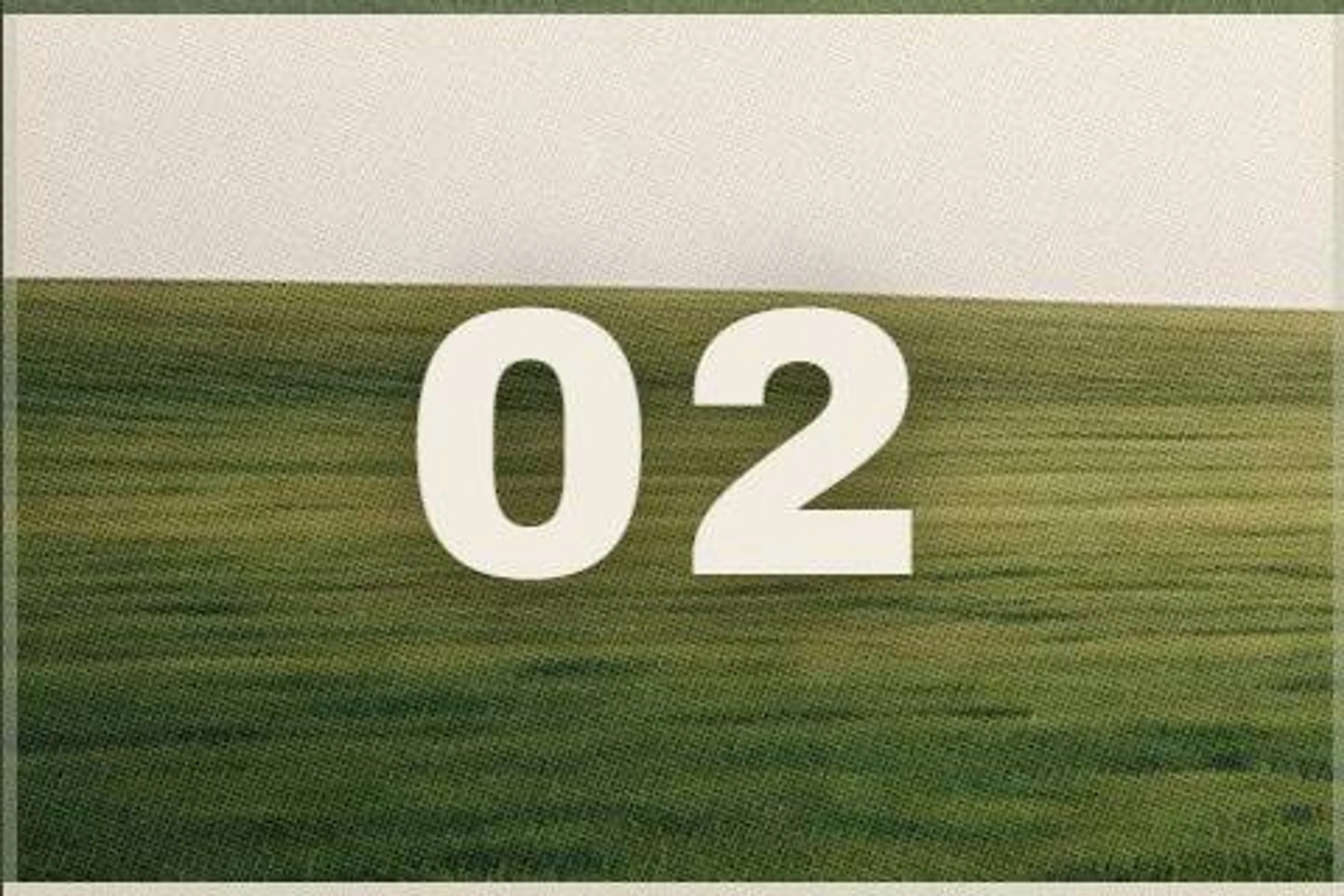 The number '02' in a large, off-white font is centered over a grainy photograph of a green, rolling field beneath a pale, off-white sky.