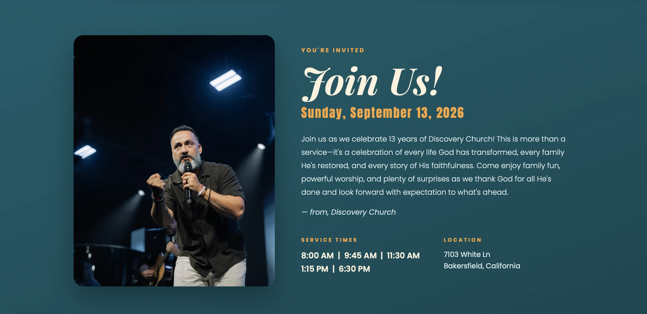 An invitation for Discovery Church's anniversary with a photo of a pastor preaching on the left and event details on the right against a teal background.