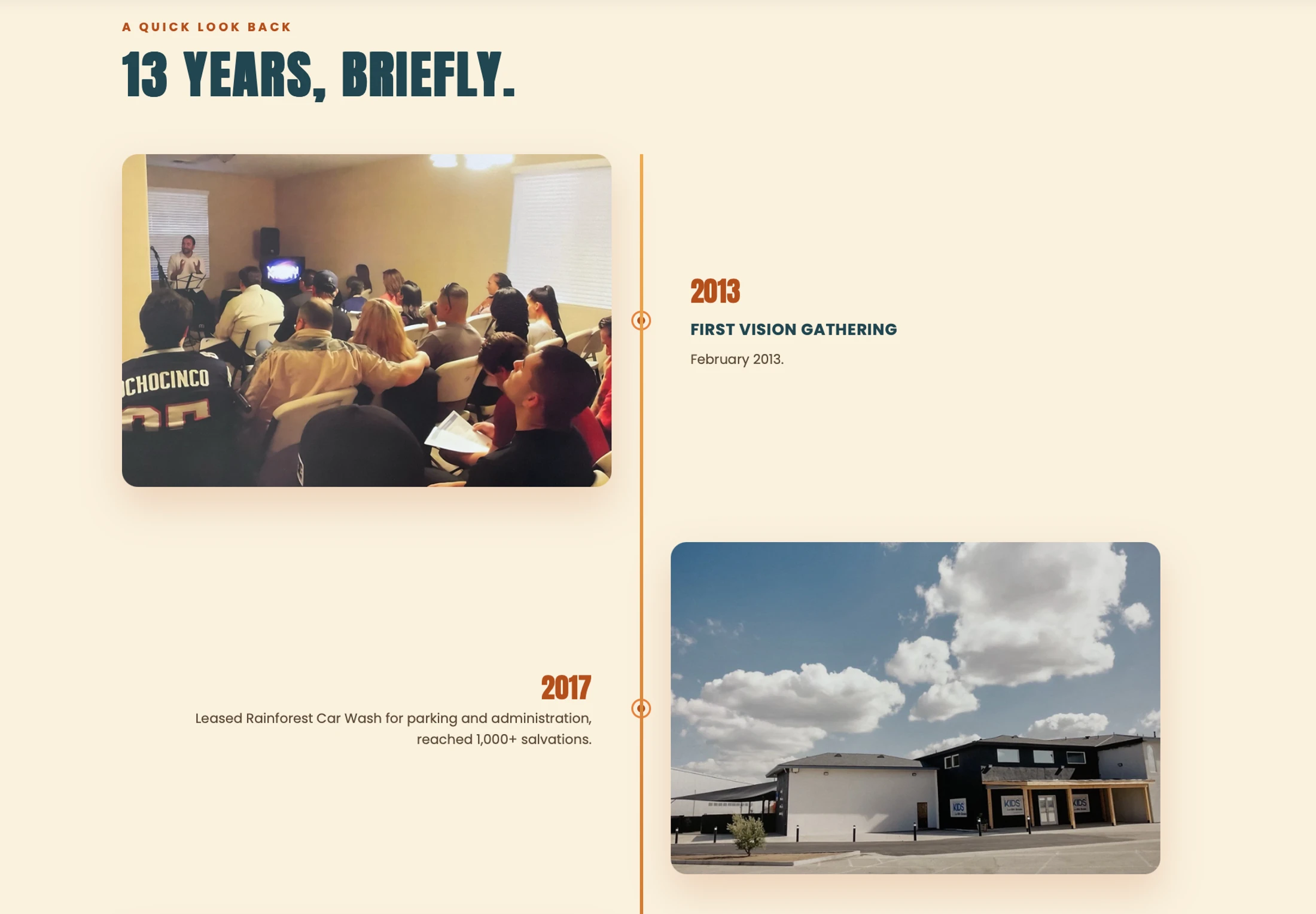A timeline showing two events: a 2013 'First Vision Gathering' in a small room and a 2017 photo of a modern building, marking organizational growth.