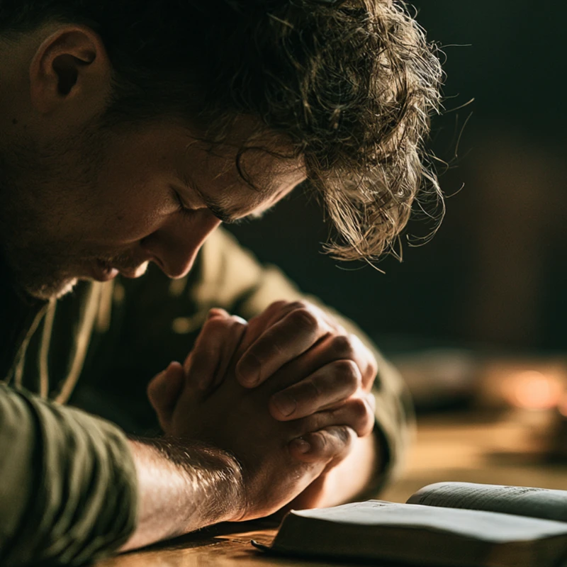 A close-up profile of a man with his head bowed and hands clasped in prayer over an open book on a wooden table in a dimly lit room.