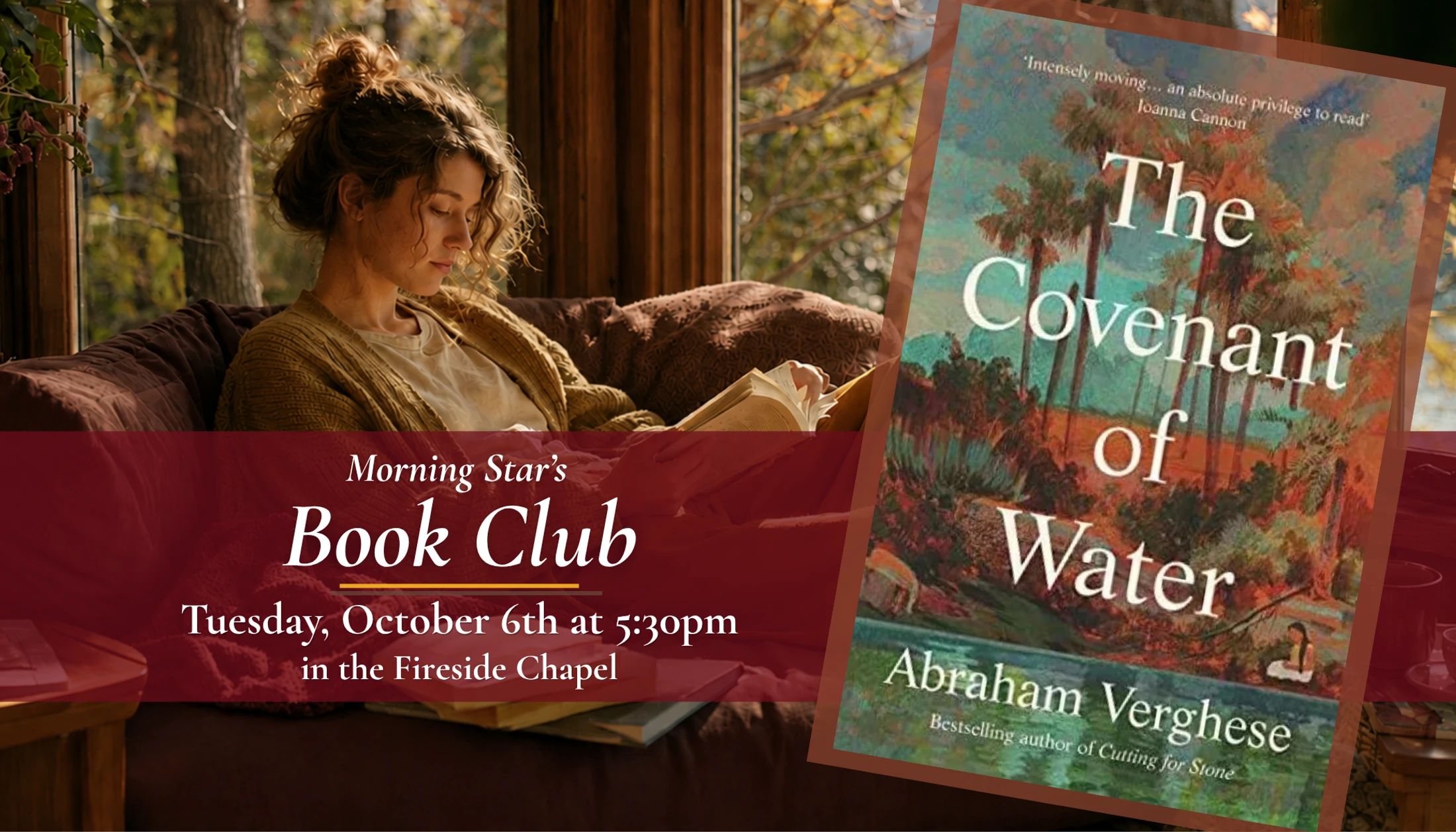 A promotional graphic for a book club featuring a woman reading on a couch and the book cover for 'The Covenant of Water' by Abraham Verghese.