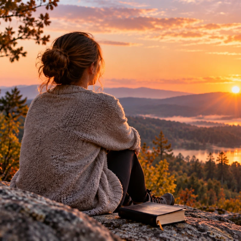 A woman with her hair in a bun sits on a rock overlooking a mountain range and a lake at sunrise. A book rests on the rock next to her.