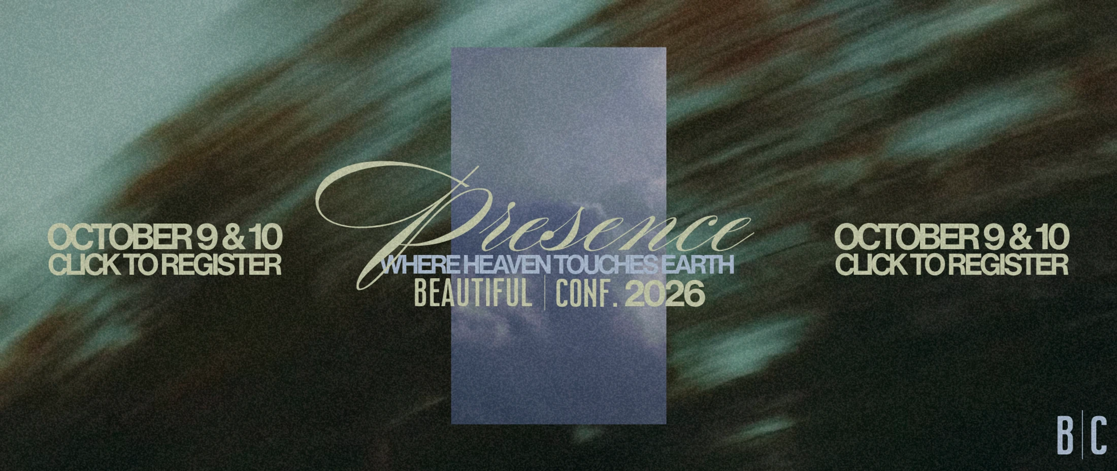 A promotional banner for the "Presence" Beautiful Conference in 2026, held on October 9 & 10. The text is set over an abstract, textured background.