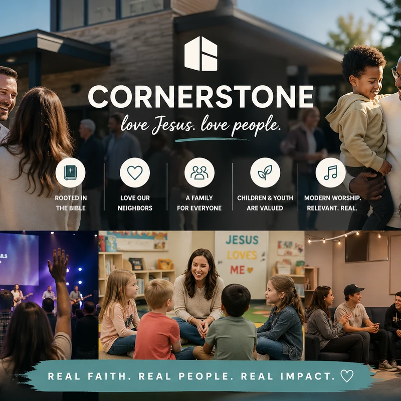 Cornerstone is a vibrant, welcoming community grounded in a deep love for Jesus and a firm commitment to the truth of Scripture. We’re more than a church - we’re a family, where everyone belongs and is truly welcomed. We seek to love our neighbors in real, practical ways that make a difference.