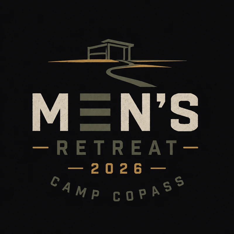 A rustic logo for the 2026 Men's Retreat at Camp Copass, featuring stylized text and an icon of a building on a hill, all on a black background.