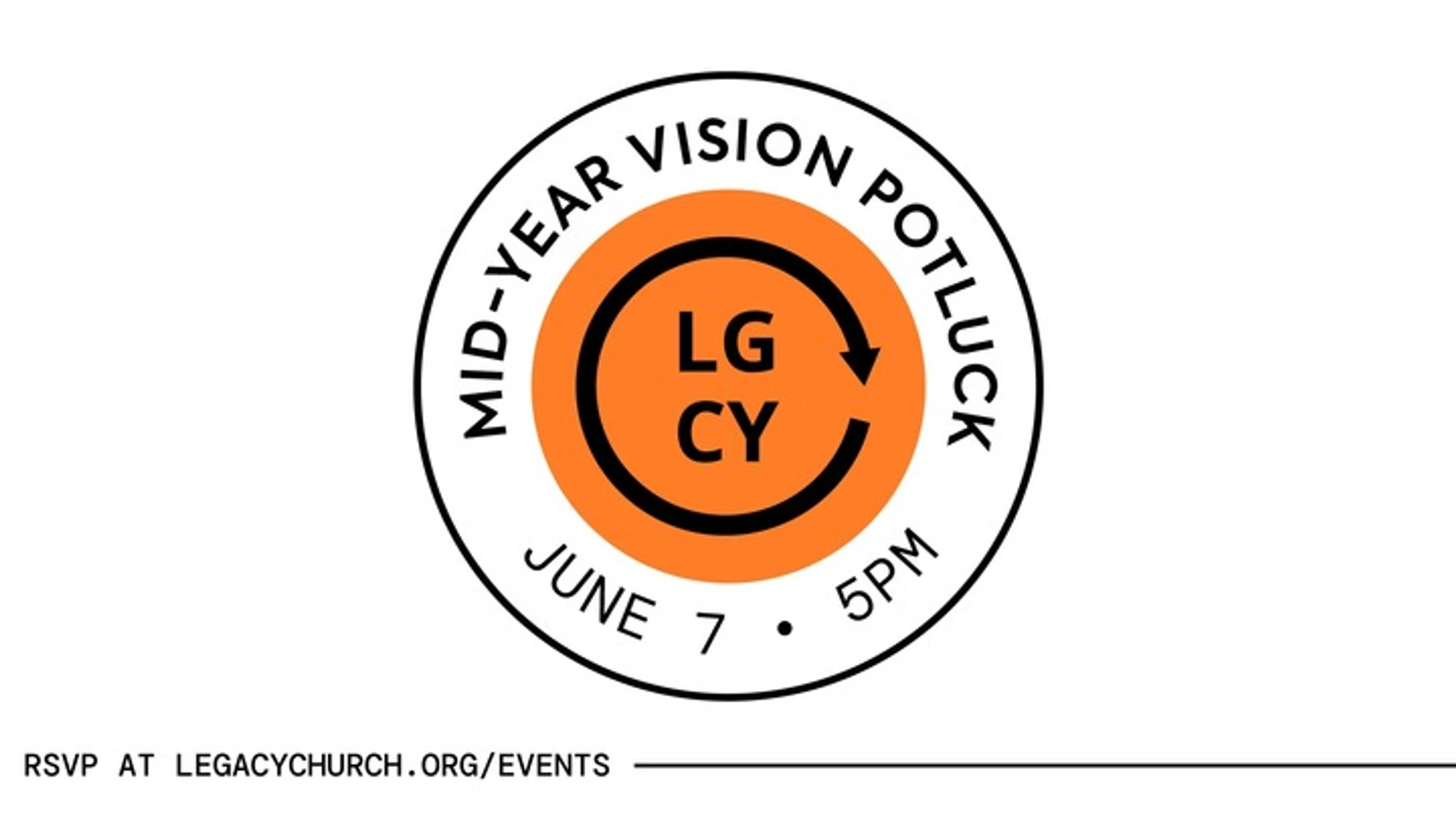 A promotional graphic for a Mid-Year Vision Potluck on June 7 at 5 PM. It features a circular logo in orange and black against a white background.
