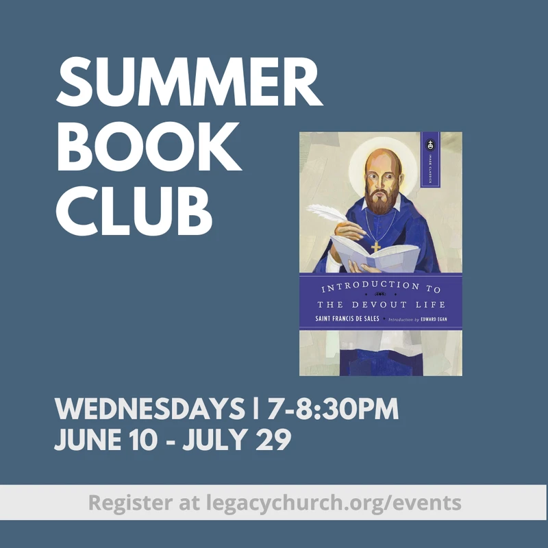 An event flyer for a Summer Book Club on a blue background. It shows the book cover for "Introduction to the Devout Life" and gives details for registration.