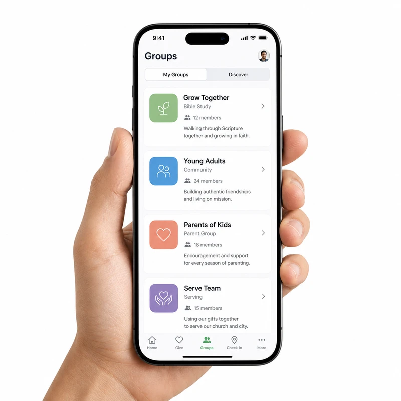 A hand holds a smartphone displaying a mobile app for finding community groups, including Bible study, young adults, parents, and serving teams.