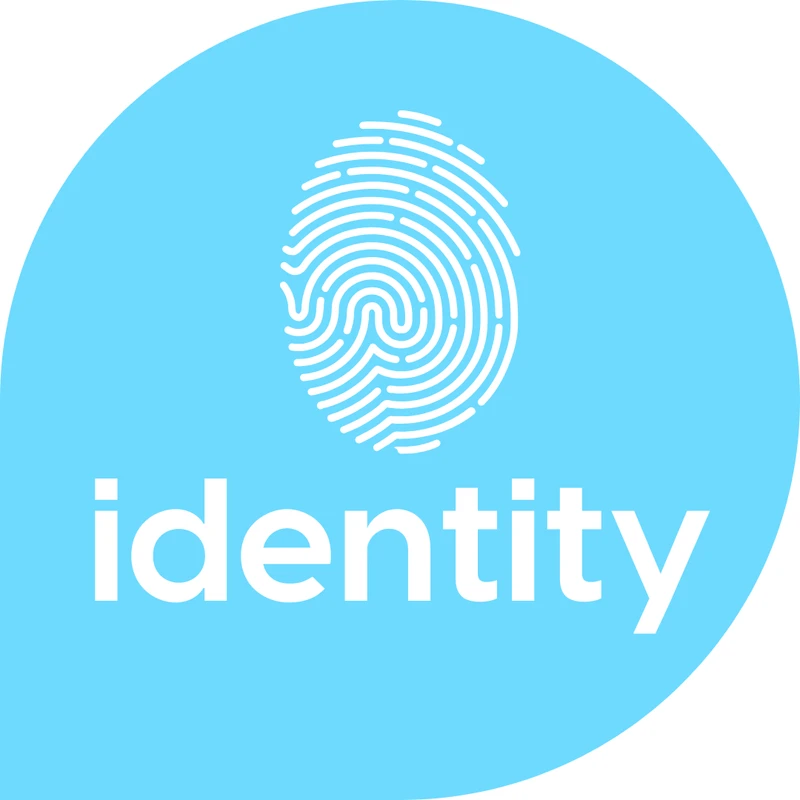 A light blue logo featuring a white fingerprint icon above the word 'identity' in a lowercase, sans-serif font.