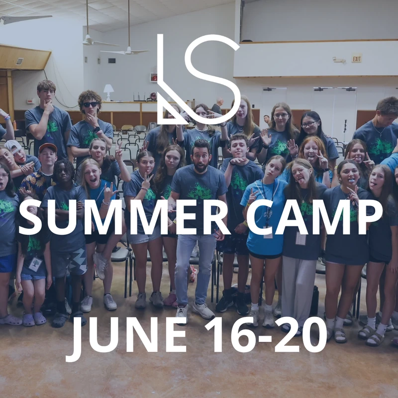 A large group of teenagers and camp counselors pose for a silly group photo. Text overlay reads "Summer Camp, June 16-20" with an LS logo.
