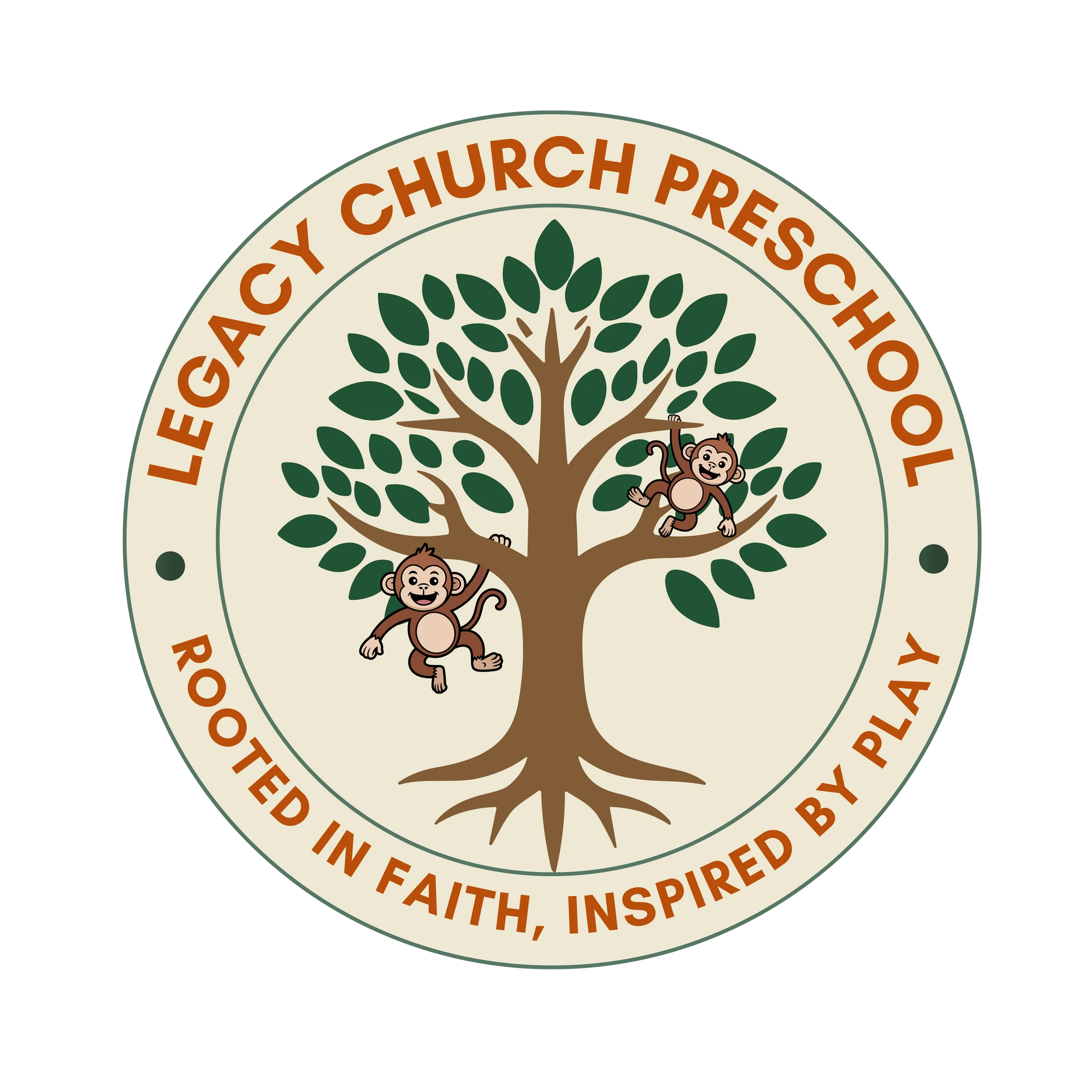 The circular logo for Legacy Church Preschool. It shows two happy cartoon monkeys playing in a large tree. The motto reads: Rooted in faith, inspired by play.