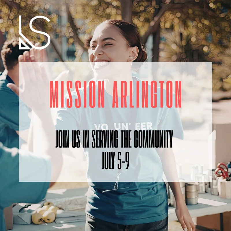 A graphic promoting Mission Arlington, a volunteer event from July 5-9, over a photo of a smiling woman high-fiving another volunteer at an outdoor event.