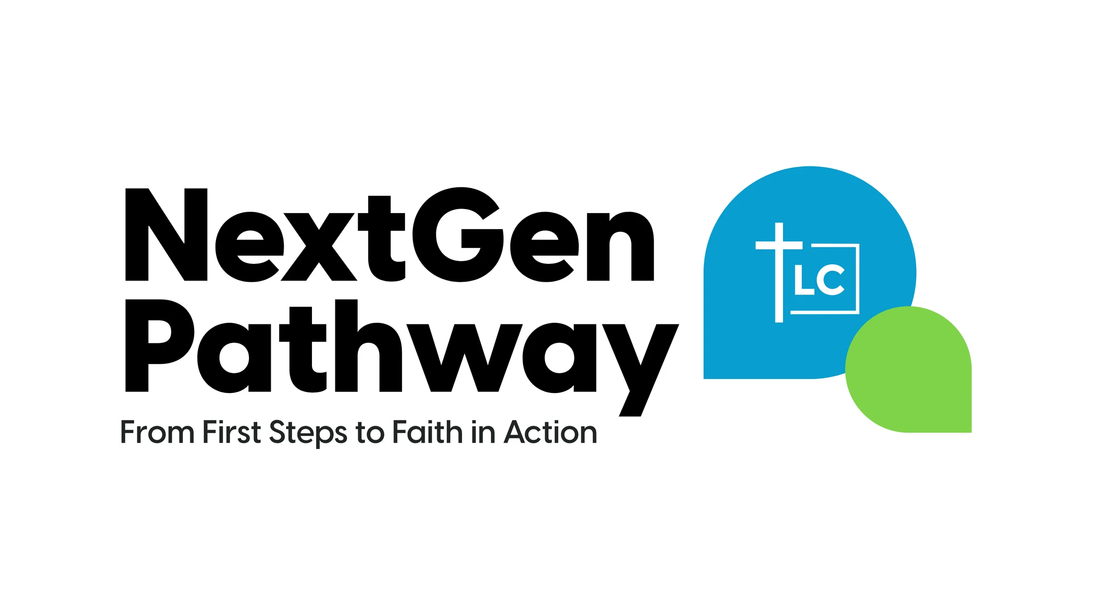 The NextGen Pathway logo in black text. Tagline reads 'From First Steps to Faith in Action.' To the right is a blue shape with a white cross and 'LC' logo.