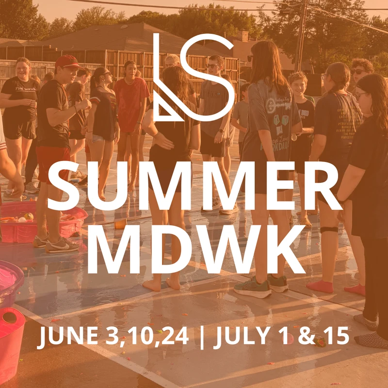 A promotional graphic for a 'Summer MDWK' event. An orange-tinted photo shows a group of teens having a water balloon fight on a wet court.