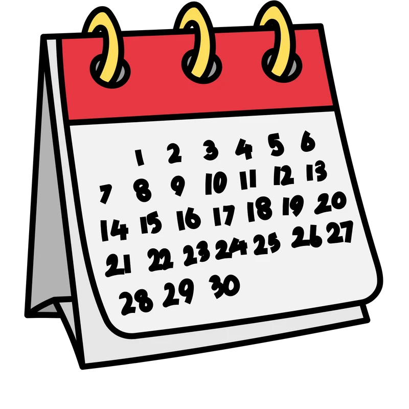 A simple cartoon drawing of a freestanding desk calendar with a red top, yellow rings, and a page showing a generic 30-day month.