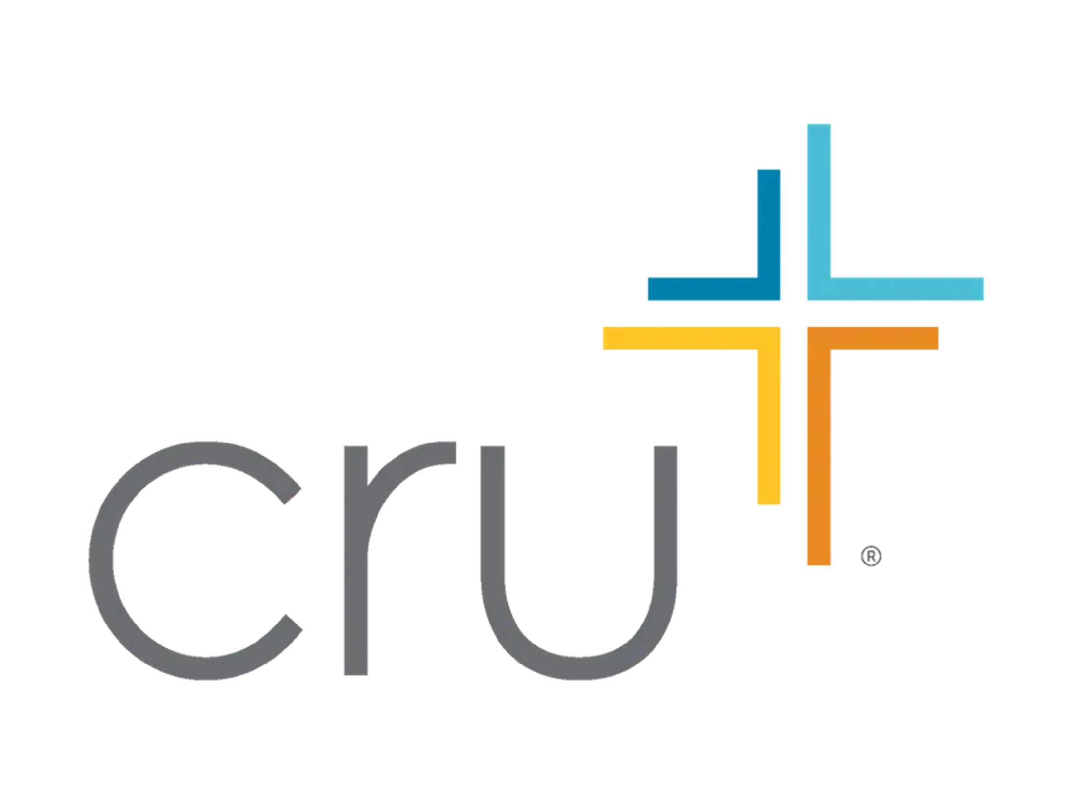 The logo for Cru, featuring the name in grey lowercase letters next to a stylized cross made of four L-shapes in blue, yellow, and orange.