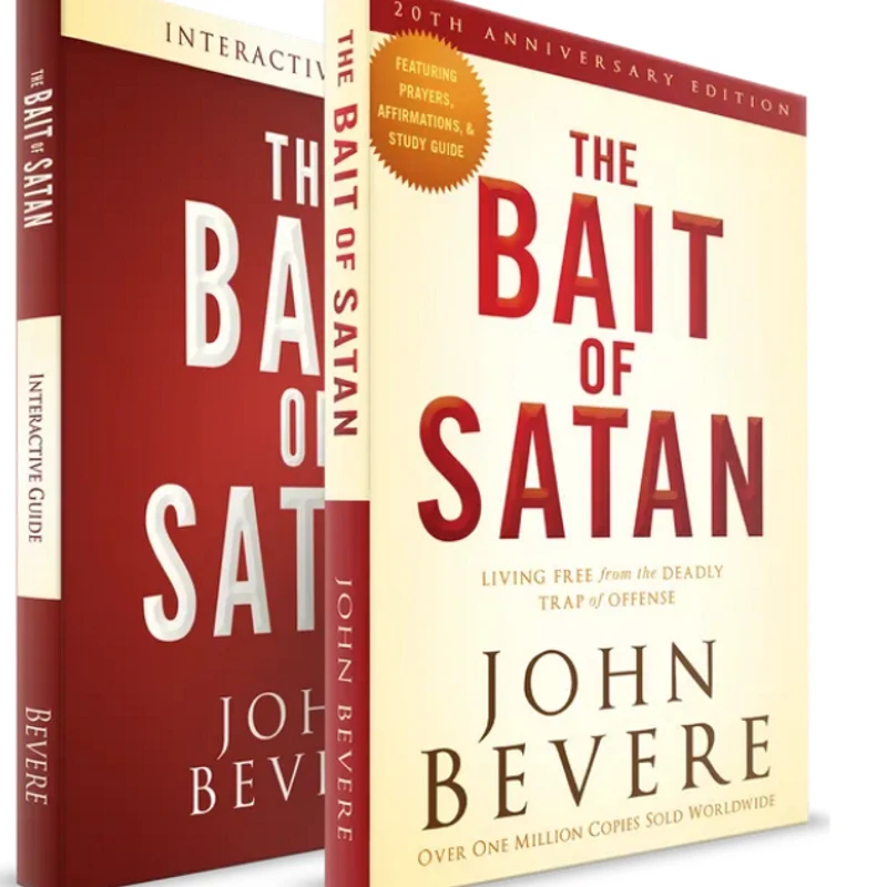 The covers of two books by John Bevere: 'The Bait of Satan, 20th Anniversary Edition' and its red 'Interactive Guide', displayed side by side.