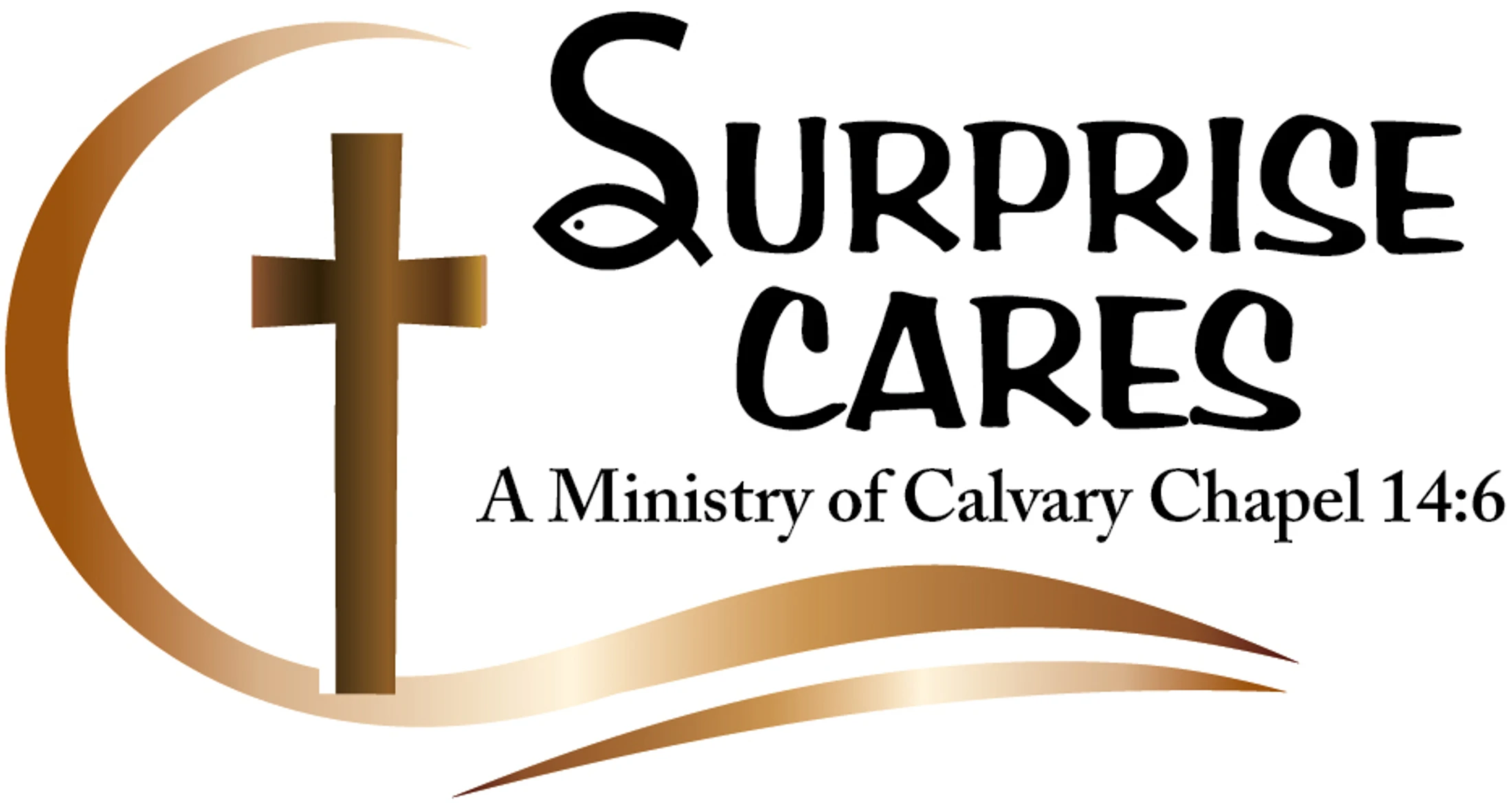Logo for Surprise Cares, a ministry of Calvary Chapel 14:6. It features a bronze Christian cross and swooshes next to the text.