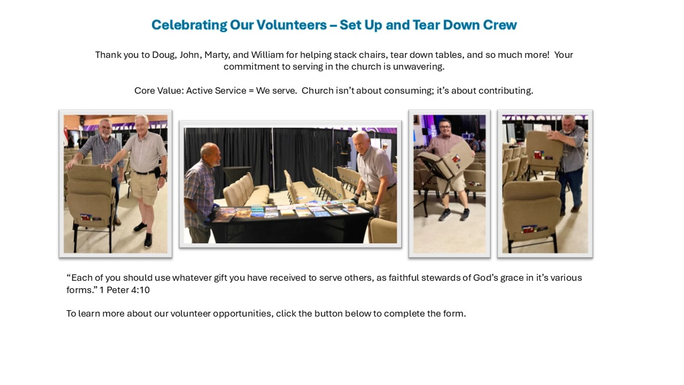 A collage of four photos showing male church volunteers from the set up and tear down crew stacking chairs and arranging tables for an event.