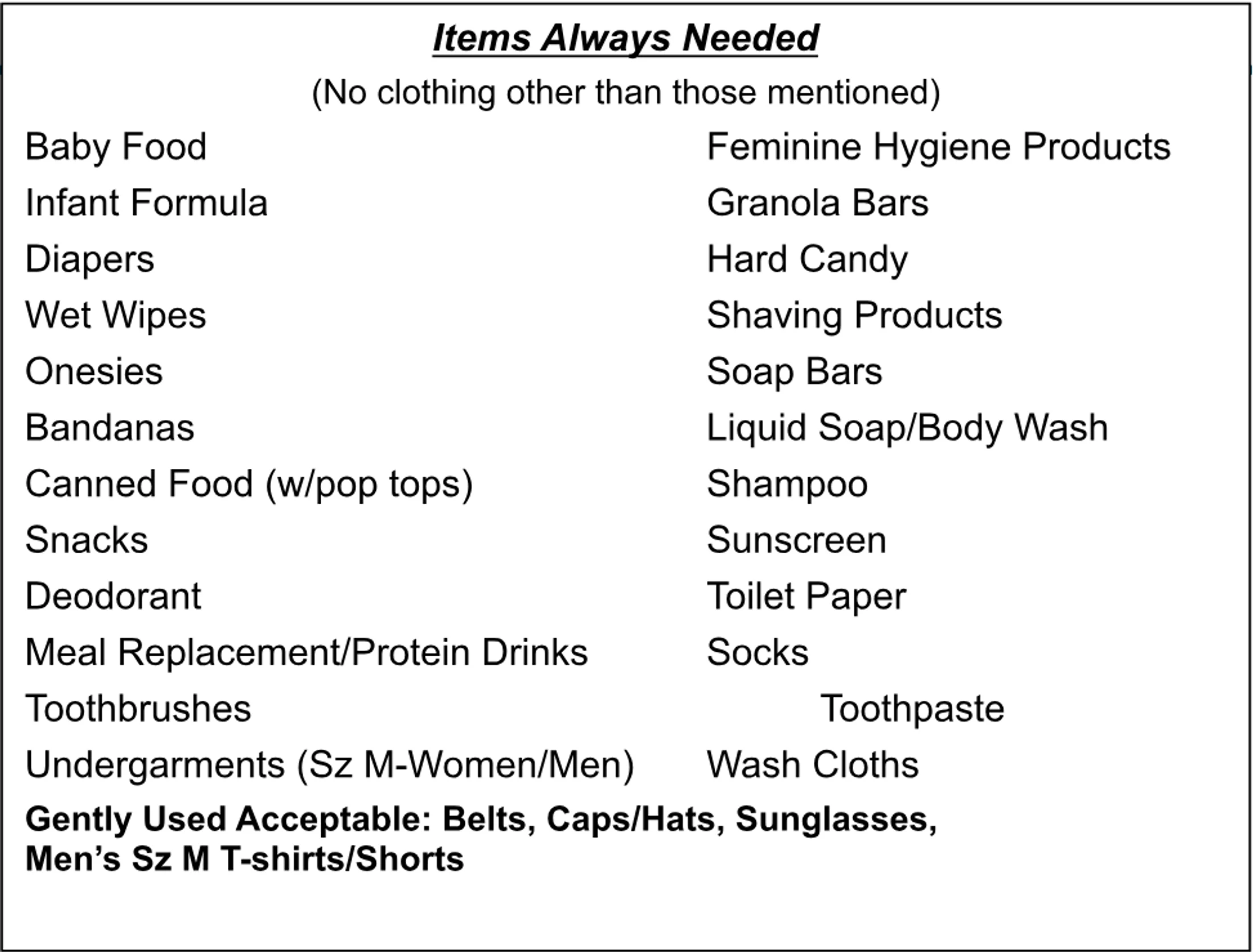 A black and white text list of 'Items Always Needed' for donation, including baby supplies, food, snacks, and personal hygiene products.