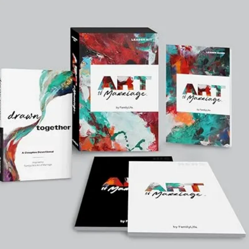 A collection of books from the Art of Marriage series, including a leader kit, leader guide, and a devotional titled 'drawn together'.