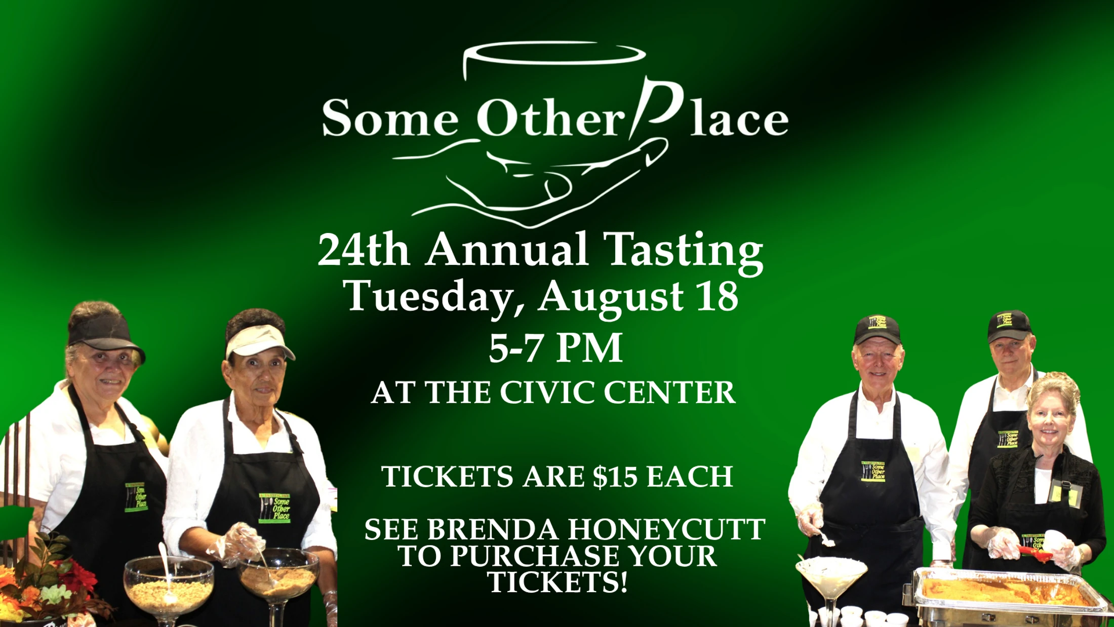A promotional flyer for the Some Other Place 24th Annual Tasting on August 18th, with event details and photos of volunteers serving food on a green background.