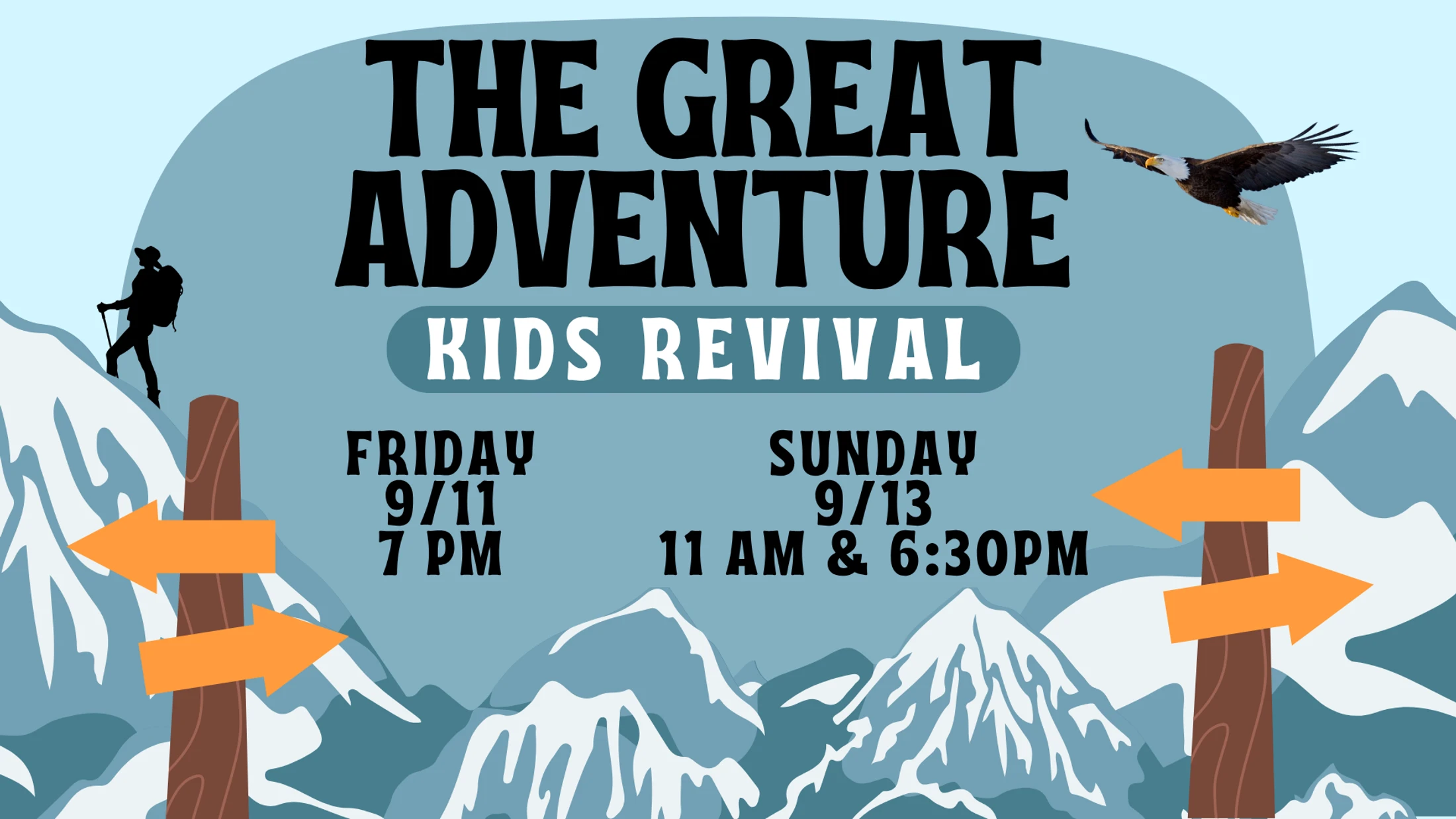 A promotional graphic for a children's event called The Great Adventure Kids Revival, set against a mountain backdrop with dates and times listed.