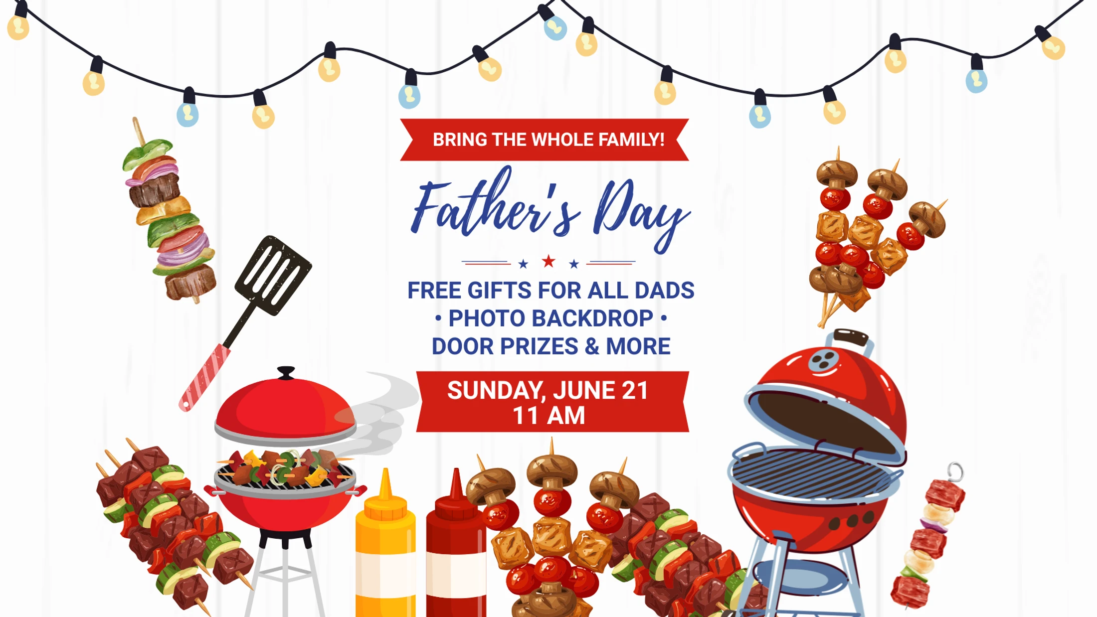 An invitation for a Father's Day event on Sunday, June 21, featuring illustrations of barbecue grills, kebabs, and string lights on a white wood background.