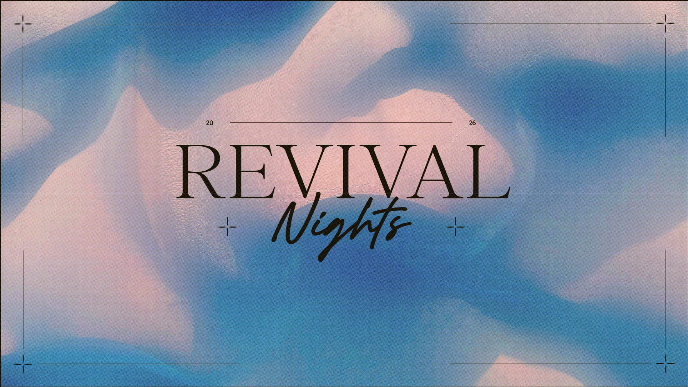 The words "Revival Nights" in black serif and script fonts over a textured, abstract background of soft blue and pink gradients, framed by thin lines.