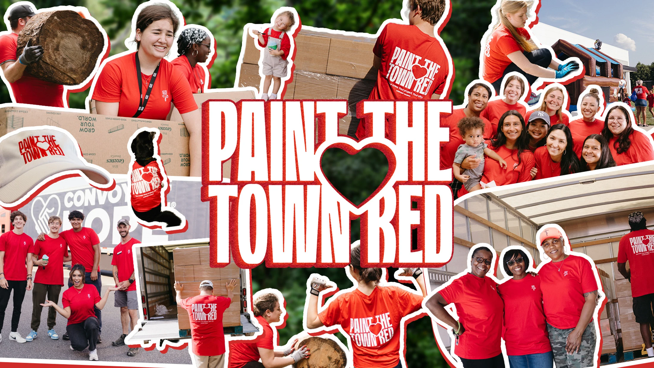 A collage of photos from a 'Paint the Town Red' community event, showing diverse volunteers in red shirts working together and posing for pictures.