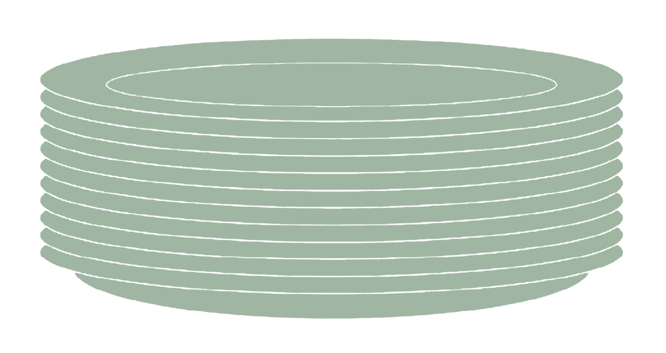 A simple, sage green illustration of a tall stack of clean dinner plates against a white background.