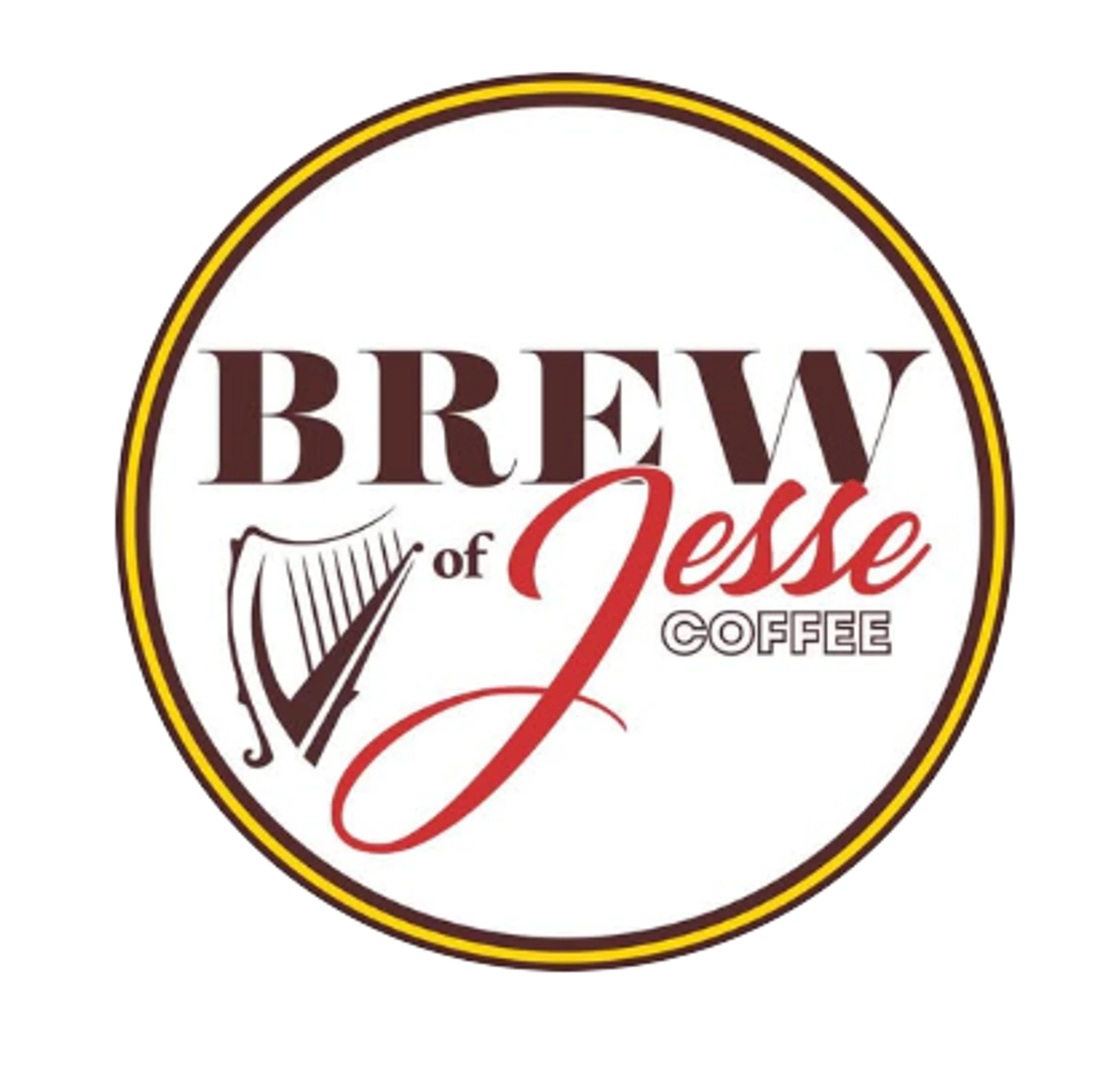Circular logo for Brew of Jesse Coffee. The text is in brown and red script, with a small harp icon, enclosed in a brown and yellow border.