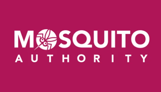 The Mosquito Authority logo in white on a magenta background. An illustration of a mosquito is incorporated into the letter 'O' of 'Mosquito'.