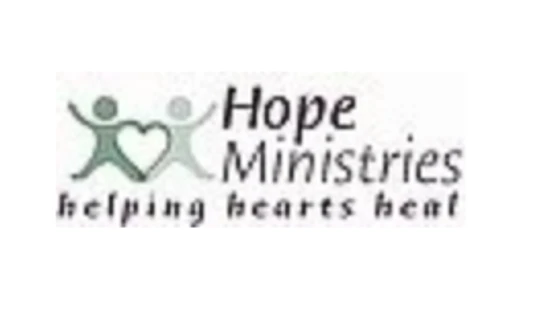 The logo for Hope Ministries shows two figures holding hands with a heart between them. The tagline reads, 'helping hearts heal'.