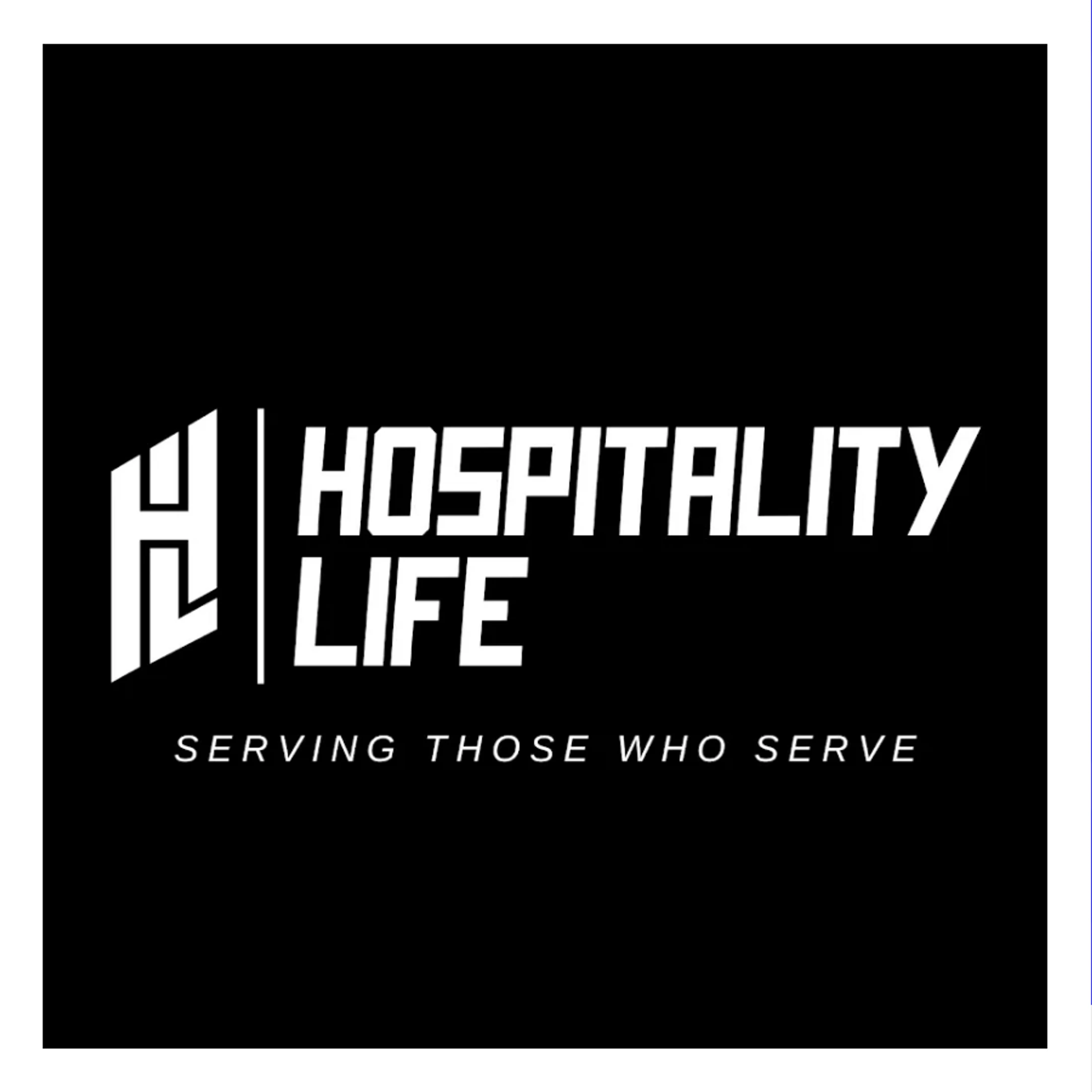 The Hospitality Life logo in white on a black background. It shows a stylized 'H' and the text 'Hospitality Life' with the tagline 'Serving those who serve'.