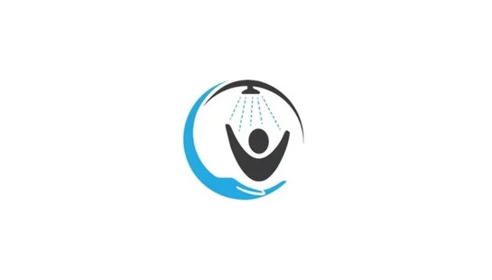 A logo showing a black abstract figure with raised arms under a shower. A blue crescent shape resembling a hand cradles the figure from below.