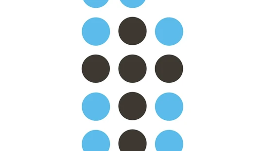 An abstract logo featuring columns of circles. Two outer columns are light blue, and the center column is dark gray, with a stray blue dot in the top right.
