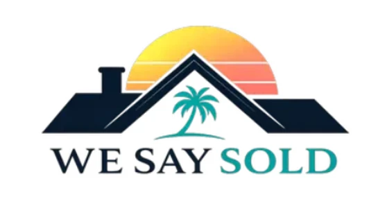 Logo for 'We Say Sold' featuring a house roof silhouette with a setting sun behind it and a teal palm tree inside the roof outline.